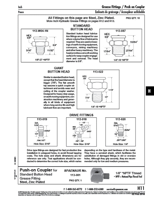 Hydraulic GRease Fitting, Giant Button Head 1/4"-18 NPTF (7/8" Hex) Steel Zinc Plated
