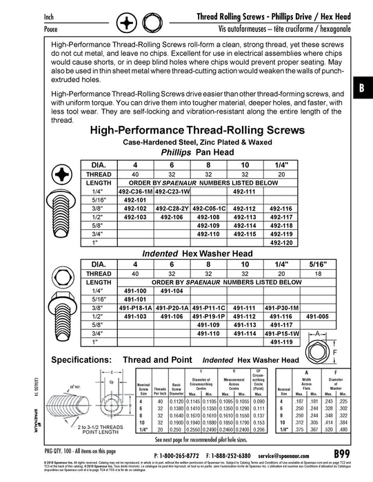 Thread Rolling Screws, Indented Hex Washer Head, Fully-Threaded, #8-32 x 5/8" Length, Case Hardened Low Carbon Steel Zinc Plated