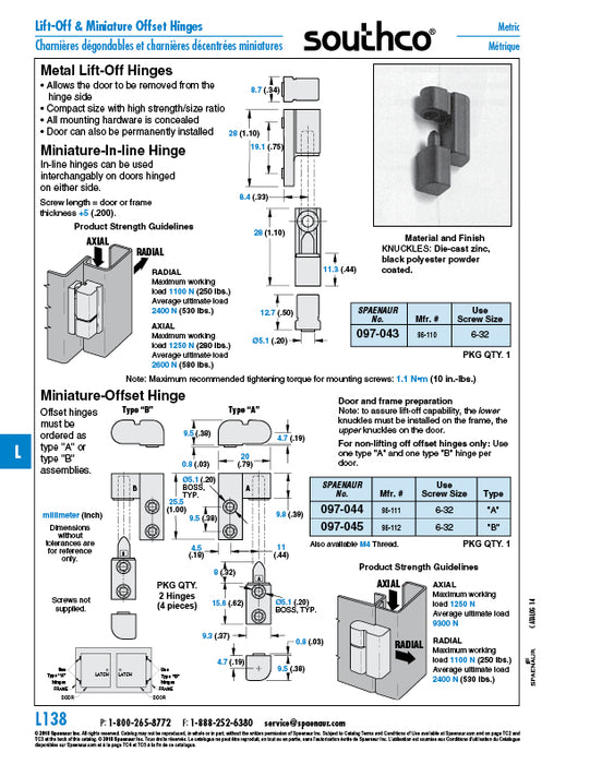 Mini Lift-Off Hinge Offset Type "B" .44" x 1.00" Die-Cast Zinc Black Polyester Powder Coat by SouthCo