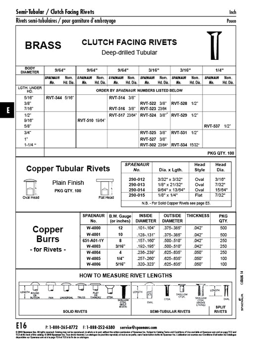 Brake Lining Rivet Semi-Tubular 150 Degree Flat-Shallow CTSK HD 3/16" DIA x 1 1/4"L x 15/32" HD DIA Brass Plain