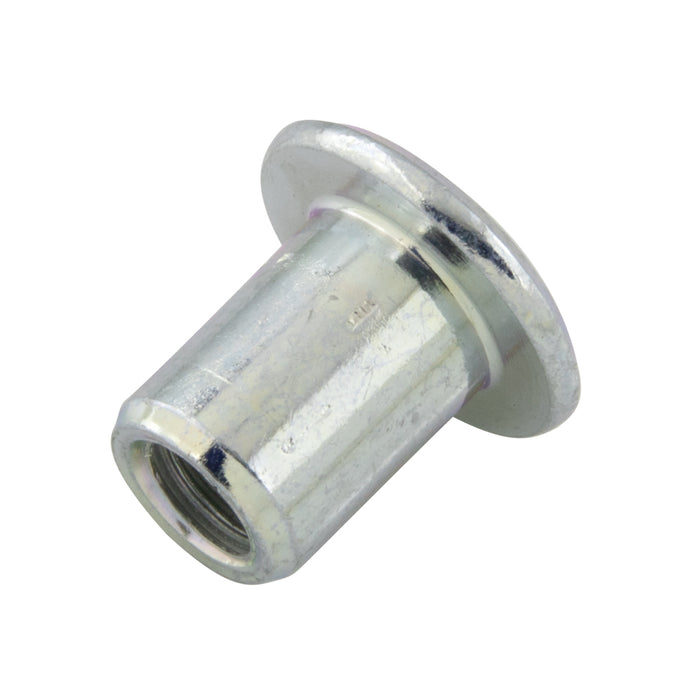 Écrou borgne Rampa® de type RFL, empreinte hexagonale de 4 mm, M6 x 1,00 mm, diamètre de tête de 15 mm (tête plate), diamètre du corps de 9 mm x longueur sous tête de 18 mm, en acier zingué par Rampa®