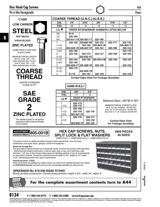 Hex Head Cap Screw 7/16"-14 UNC x 1" LG Grade 2 Steel Zinc Plated