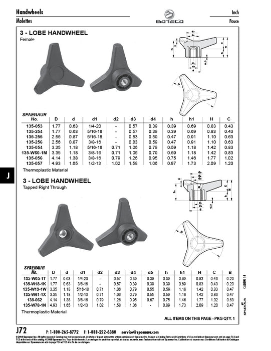 Volant à trois lobes, taraudé sur toute la largeur de 4,14 pouces avec filetage 3/8 pouces-16, hauteur totale 1,77 pouces, matériau thermoplastique noir, fabriqué par Spaenaur Inc.
