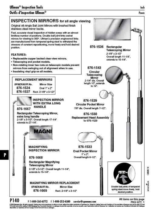 Pocket Inspection Mirror 1" x 2" Oval, Ball Joint Swivel, 8 1/2" LONG Steel, Vinyl Grip by Spaenaur Inc.