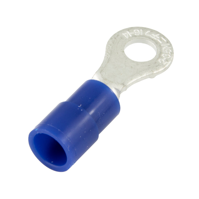 Ring tongue Terminal, Insulated, Solderless 16-14 Wire, 3/8" Stud Pure Electrolytic Copper, Blue Plastic Insulator, Heavy Bright Tin Plating