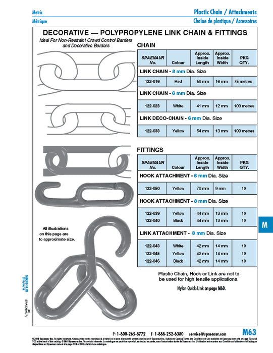 Hook for Plastic Chain 8mm Wire DIA. Polypropylene Colour Yellow by Spaenaur Inc.