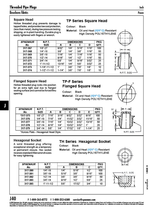 Threaded Pipe Plug - Square Head 1/8"-27 NPT High Density Polyethylene Colour Black