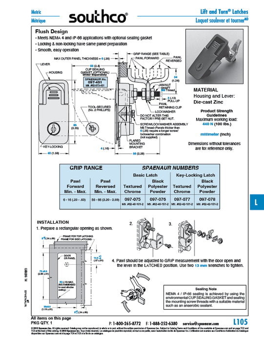 Lift & Turn Compression Latch Key-Locking Flush Style Medium Size 6mm-16mm Grip Range (Pawl forward) Die-Cast Zinc, Textured Chrome by Spaenaur Inc.