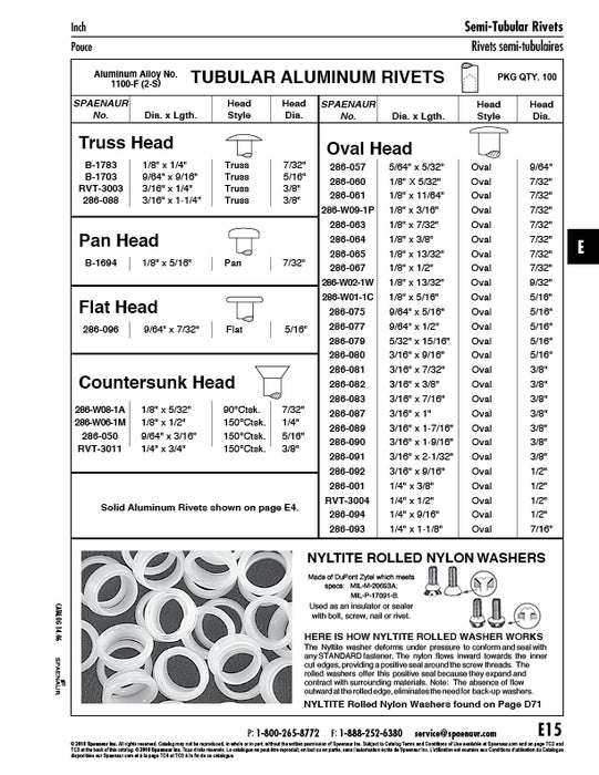 Rivet semi-tubulaire, tête ovale 1/4 po de diamètre x 3/8 po de longueur Aluminium-1100F ANSI B18.7 par Spaenaur Inc.