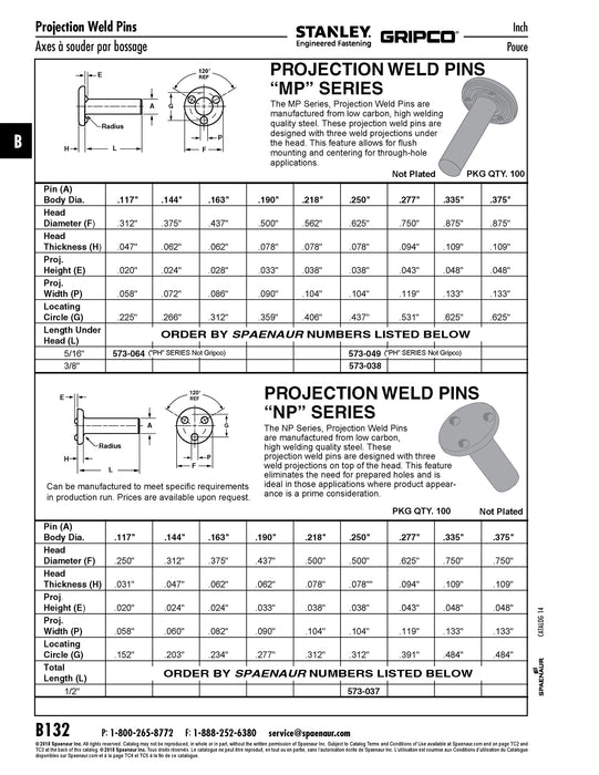 Goupille de soudage par projection Trois projections Haut de la tête 0,250 po de diamètre x 1/2 po de longueur Acier à faible teneur en carbone par Spaenaur Inc.