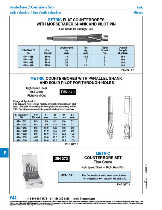 Set Of 6 Flat Counterbores, DIN 373, Fine Grade for Thru-Hole (for M3, M4, M5, M6, M8, M10) High Speed Steel, In Steel Case by Spaenaur Inc.