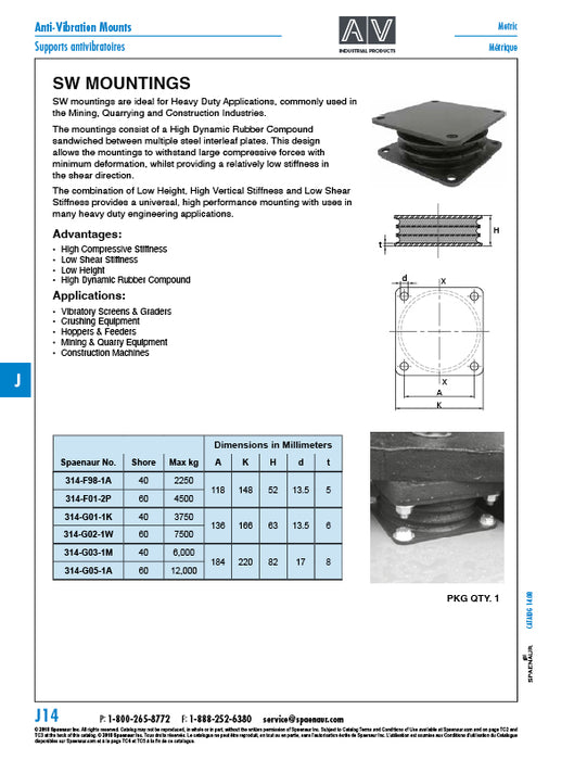 Anti-Vibration Mount Medium Type, Max Load 7500 kg, 166mm Square x 63mm H Natural Rubber / Steel / Black 60 Degree Irh by Spaenaur Inc.