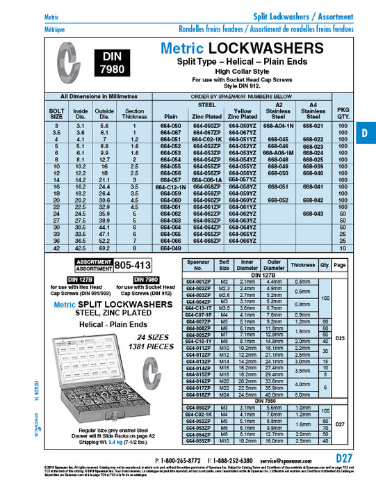 Split Lockwasher High Collar Style M3, Plain Ends Spring Steel Zinc Plated DIN 7980/ST-ZP M3