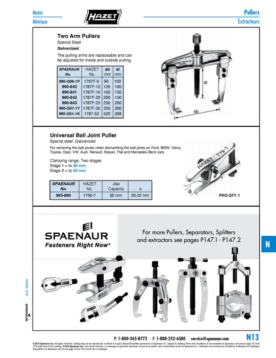 Adjustable Two Arm Puller with Replaceable Arms 90mm Spread x 100mm Reach Special Steel Galvanized