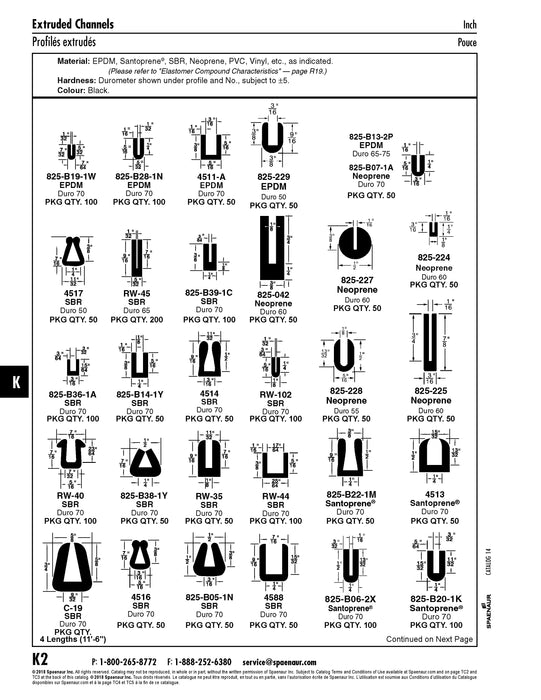 Profilé extrudé en forme de « U » en longueurs de 50 pieds. Composé SBR 70 Duro.