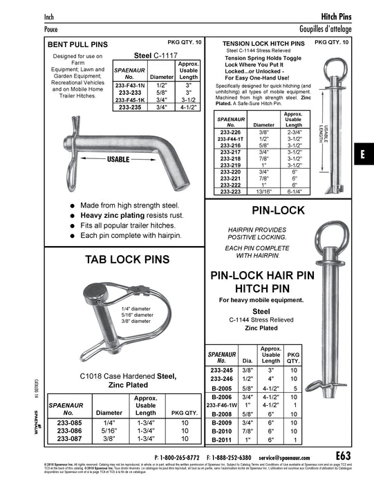 Tab Lock Pin 3/8" DIA x 1-3/4" Usable Length C1018 Case Hardened Steel Zinc Plated