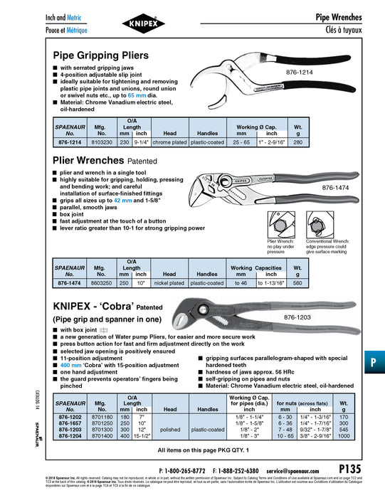 Jeu de pièces de rechange pour pince « Cobra » Knipex #8701250 (réf. 876-1657)