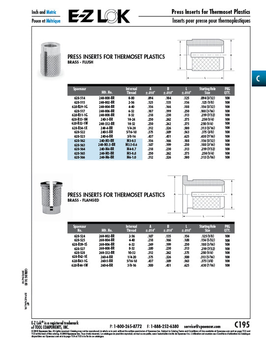 Press Insert for Plastic,260 Series 1/4"-20 (.326" D x .500" L) Brass