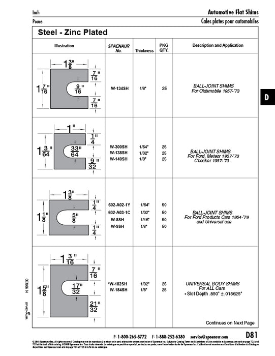 Ball-Joint Shim, 1 3/8" LG x 1 1/8" Wd, 1/32" THK, 5/8" Slot Width Low Carbon Steel Zinc Plated by Spaenaur Inc.