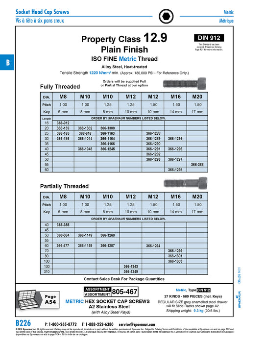 Hex Socket Cap Screw, DIN 912 M16 x 1.50 x 50mm LG, Full Thread CL 12.9 Steel Plain DIN 912/12.9/Fine M16X1.50X50