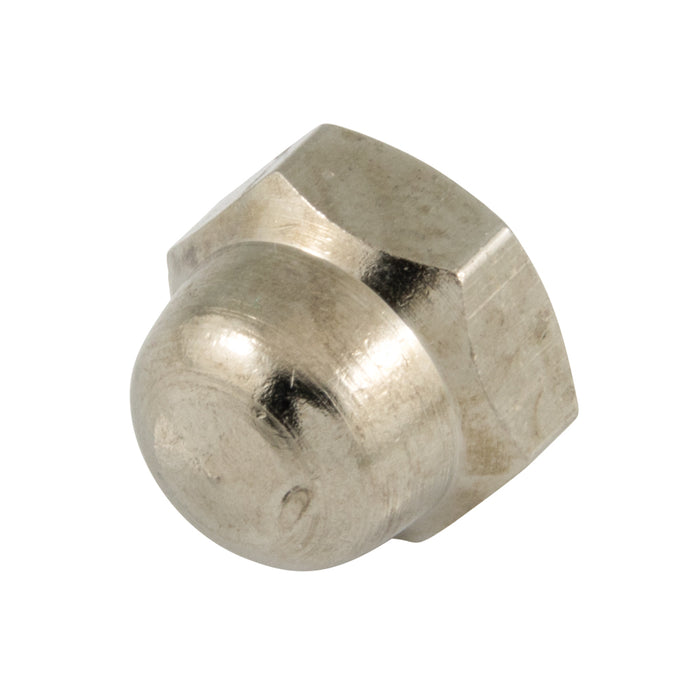 Écrou borgne, 1/4"-20, largeur 7/16", épaisseur 3/8", en laiton nickelé, fabriqué par Spaenaur Inc.