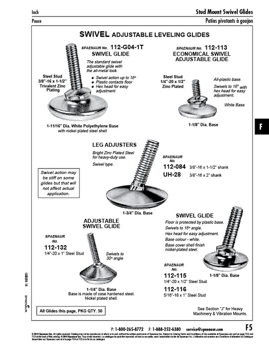 Adjustable Swivel Glides with Metal Base 1/4"-20 UNC x 1" Stud Case Hardened Steel, Nickel Plated by Spaenaur Inc.