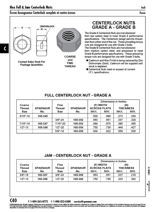 Centerlock Nut Grade A 1/2"-20 UNF Low Carbon Steel Cad Plated