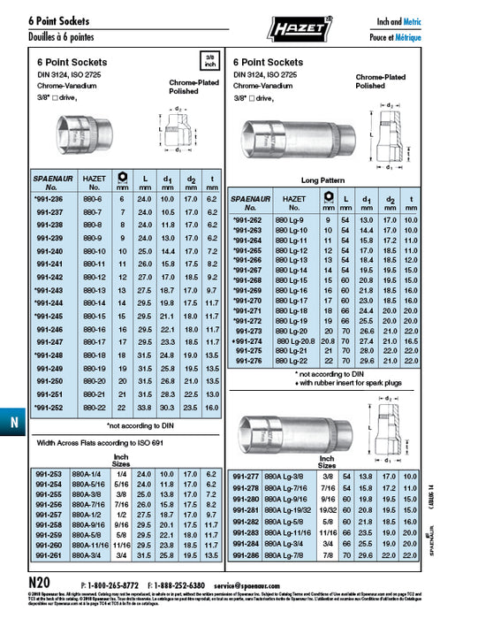 3/8" Drive Socket Six Point 20mm Chrome Vanadium Chrome Plated Polished by Spaenaur Inc.