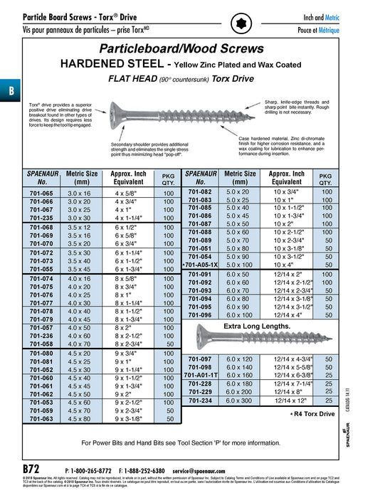 Particle Board Screw, Flat Head, R2 Torx 90° ctsk., 3.0 mm x 25 mm Length(#4 x 1"), Steel Yellow Zinc Plated