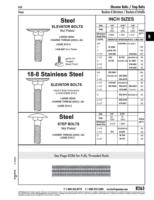Step Bolt, 5/16"-18 x 2" Length, Steel Plain Grade 5, ASME/ANSI B18.5
