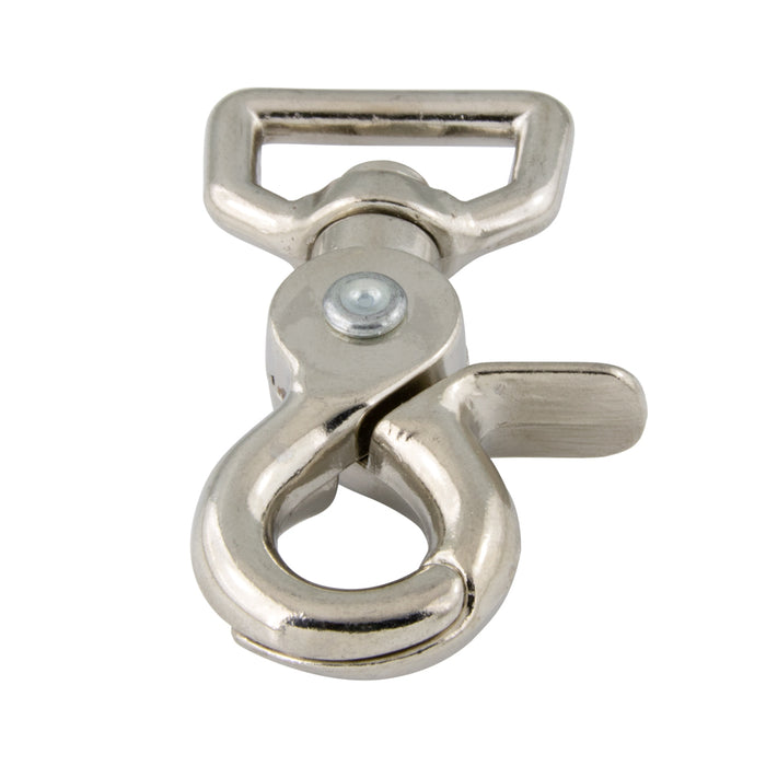 Mousqueton à goupille, œillet pivotant à boucle Œillet 3/4 po, longueur totale 2 5/8 po, ouverture du mousqueton 3/8 po Fonte malléable moulée, nickelée par Spaenaur Inc.