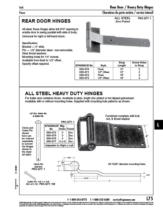 Hinge with Bolt & Lock Nut & Thrust Washer, 5 or 6 Mtg Holes 9" From Center Of Pin to End Of Strap, Steel Zinc Plated.
