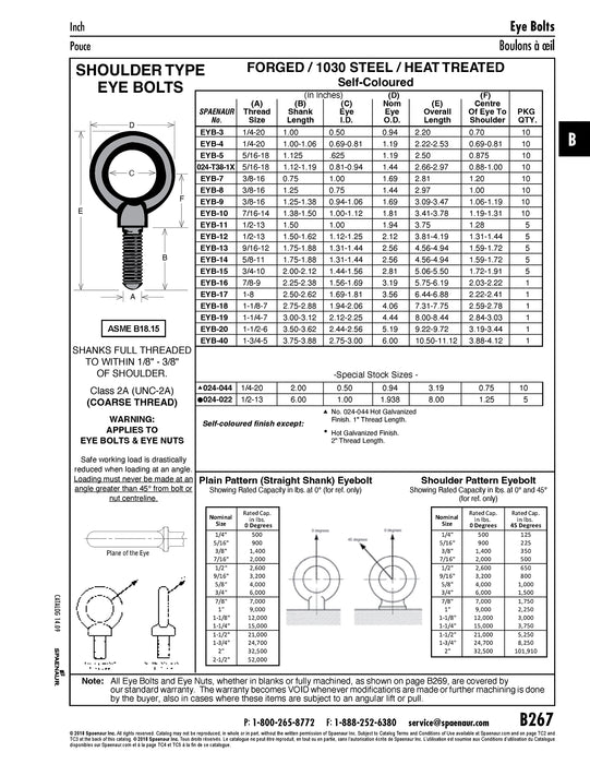 Eye Bolt Shoulder Type 3/8"-16 x 1-1/4"; 1" Eye ID; 1-21/32" Eye OD forged/1030 Steel Heat Treated Self-Colour ANSI B18.15 by Spaenaur Inc.
