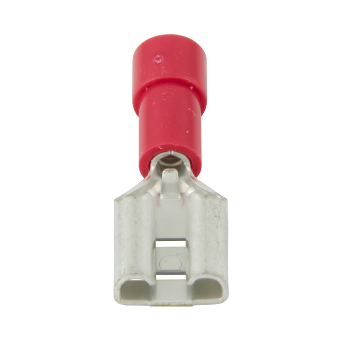 Copper Female Tab Socket, Solderless, Insulated 1/4" F.Q.D., 22-18 GA. Wire Electrolytic Copper, Bright Tin Plate, Red Plastic Insulation