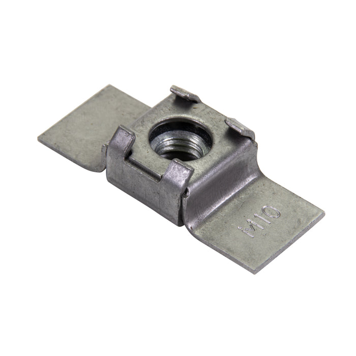 Écrou à souder, écrou flottant, dispositif de retenue M10, largeur de base 25/32 po x longueur hors tout 2 po, acier, finition lisse, par Spaenaur Inc.