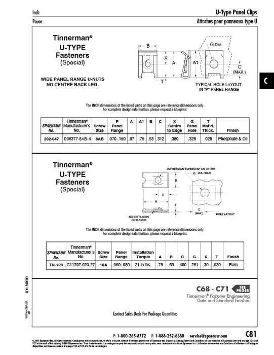 Écrou à ressort de type « U » n° 8AB (plage de panneaux de 0,070" à 0,150") Acier à ressort de 0,028", phosphaté et huilé par Tinnerman®