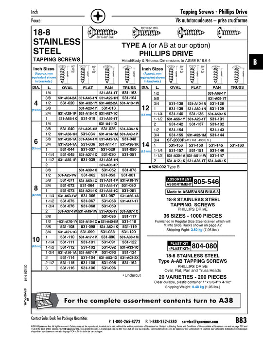 Tapping Screw, Pan Head Phillips Drive, Type A, #6 x 1/4" Length, Stainless Steel