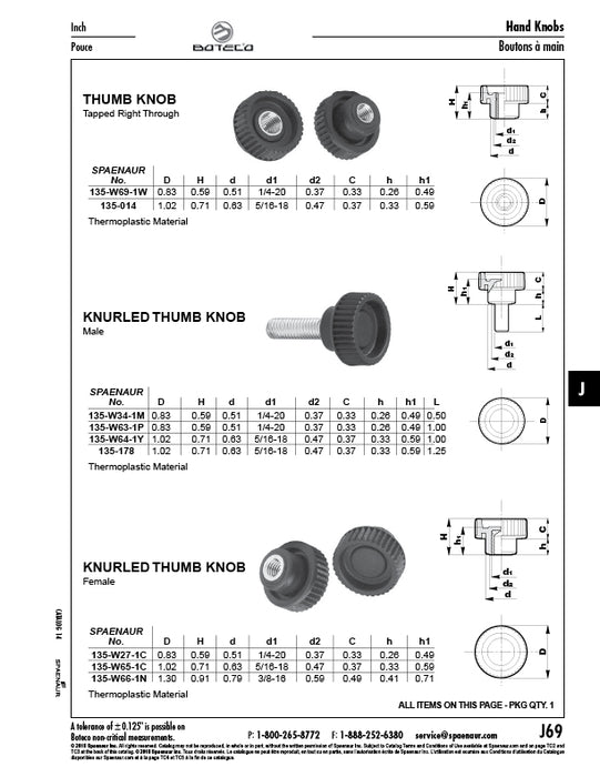 Bouton moleté, mâle, largeur 0,83 po, longueur du goujon 1/4 po-20 x 1 po, hauteur totale 1,59 po, matériau thermoplastique noir