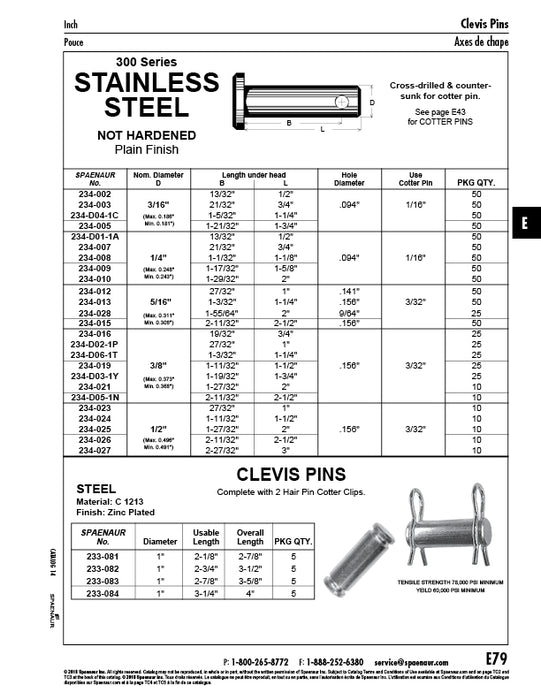 Clevis Pin 3/16" DIA x 1-5/32" to Hole Center x 1-1/4" LGTH U/H, 3/32" Hole DIA 300 Series Stainless Steel Not Hardened, Plain by Spaenaur Inc.