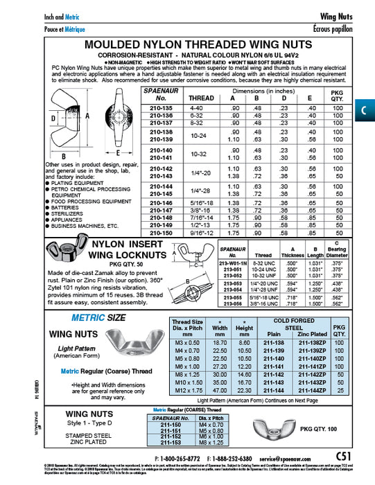 Nylon Insert Wing Nut 1/4"-20 UNC Die Cast Zamak Alloy Plain by Spaenaur Inc.