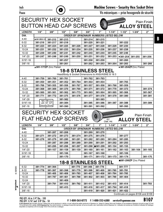 Vis de sécurité, tête plate, empreinte hexagonale, #8-32 UNC x 3/8" de longueur, acier brut