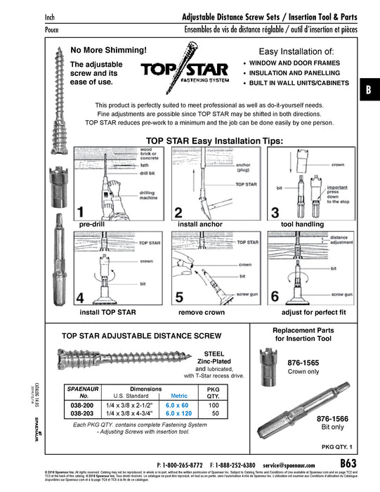 Top Star Adjustable Distance Screw, 1/4" x 3/8" x 2-1/2"(6 mm x 60 mm) Length, Low Carbon Steel Zinc Plated