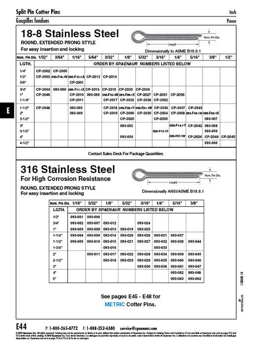 Round Cotter Pin, Extended Prong 1/4" DIA x 3" LONG 18-8 Stainless Steel by Spaenaur Inc.