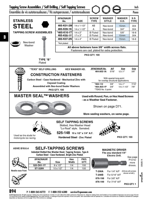 Self-Drilling Screw, Type B, Neo-bond Washer Head, #14 x 2" Length, Stainless Steel 18-8 by Spaenaur Inc.