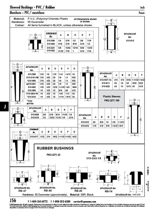 Bushing, Sleeved Sleeve DIA 15/32" x 3/16" Bore, 11/32" PVC-329 Black, 55 Duro by Spaenaur Inc.