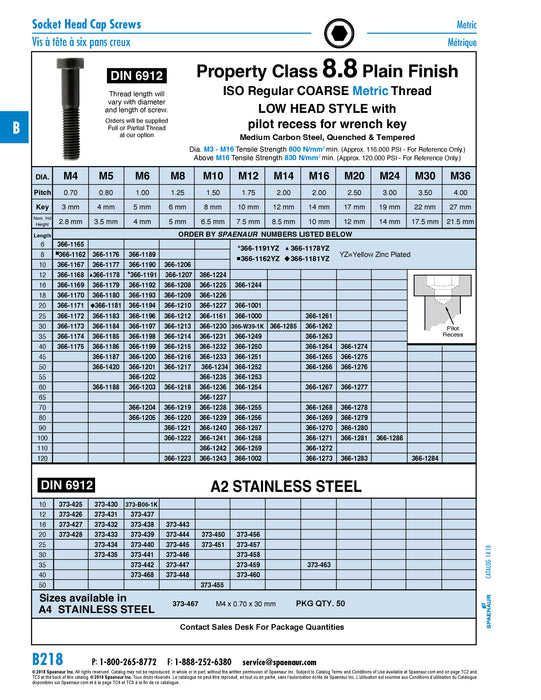 Low Head Hex Socket Cap Screw W/Pilot Recess M4 x 0.70 x 10mm CL 8.8 Steel Plain DIN 6912/8.8 M4X10