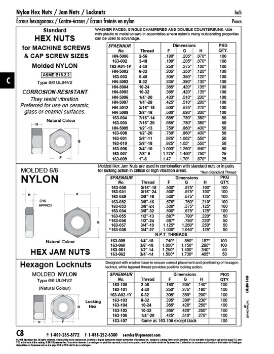 Hexagon Jam Nut 5/16"-18 UNC (.500" A/F x .190" TH) Nylon 6/6 Natural