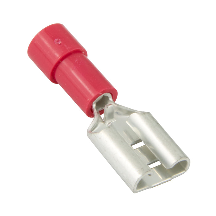 Copper Female Tab Socket, Solderless, Insulated 1/4" F.Q.D., 22-18 GA. Wire Electrolytic Copper, Bright Tin Plate, Red Plastic Insulation