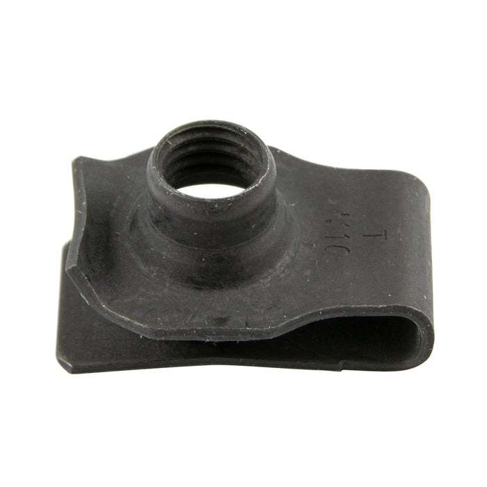 Écrou pour panneau, métrique, extrudé, type « U » M8 x 1,25 filetage, panneau 0,8 mm-4,0 mm acier à ressort traité thermiquement, phosphaté noir et huilé G.M.# 11500660 par Spaenaur Inc.