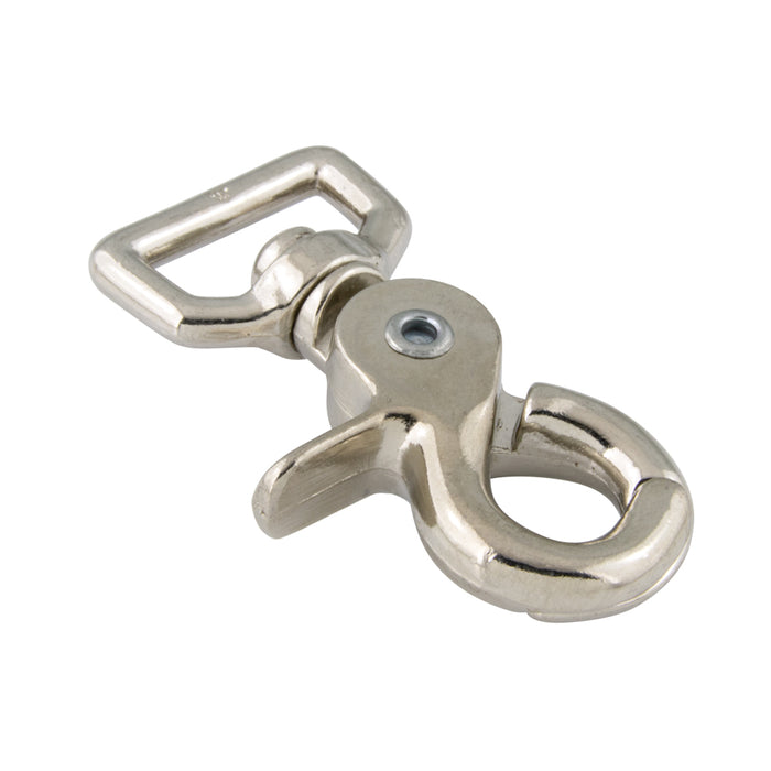Mousqueton à goupille, œillet pivotant à boucle Œillet 3/4 po, longueur totale 2 5/8 po, ouverture du mousqueton 3/8 po Fonte malléable moulée, nickelée par Spaenaur Inc.